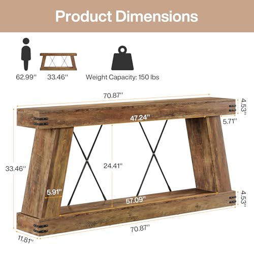 Tribesigns 70.9" Farmhouse Console Table, Long Sofa Table Behind Couch with Storage, Narrow Wooden Console Station, Industrial Rustic Entryway Furniture for Hallway, Entry, Living Room, Brown