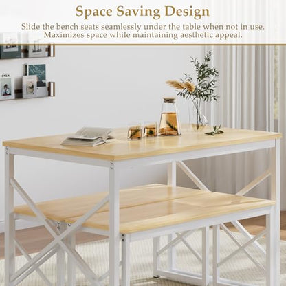 Kitchen Dining Table Benches Set for 4, 43.3" Wooden Dinette with 2 Benches, Heavy-Duty Dining Room Table for Small Space, Breakfast Nook, Natural Oak