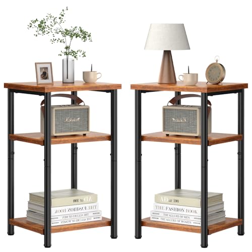End Tables Set of 2, Small Side Table for Small Spaces, 3 Tier Tall Bedside Table with Open Shelf and Adjustable Feet for Living Room, Bedroom, Office, Dorm, Apartment, Brown