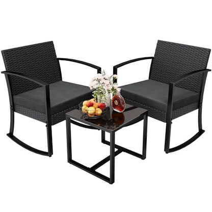 3 Pieces Outdoor Furniture Set Patio Bistro Rocking Chairs with Glass Coffee Table for Pool Beach Backyard Balcony Porch Deck Garden, Black