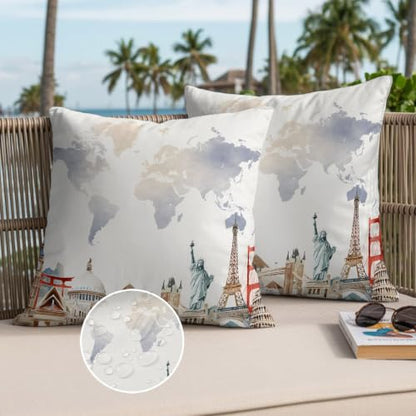 World Map Waterproof Outdoor Pillow Covers Set of 2 Home Decor, Famous Building Tourism Landscape Pillowcase Patio Pillow Covers for Couch Bench Patio Furniture Garden 26x26in