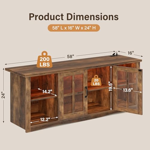 Farmhouse LED TV Stand with Power Outlet for 65 Inch TV, Brown, view 3