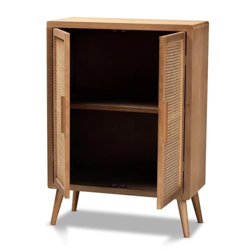 Mid-Century Wood/Rattan 2-Door Storage Cabinet, Oak Finish, 44.29" H x 31.5" W x 14.17" D, Adjustable Shelves, Angled Legs, Elegant Accent Chest for Living Room or Entryway