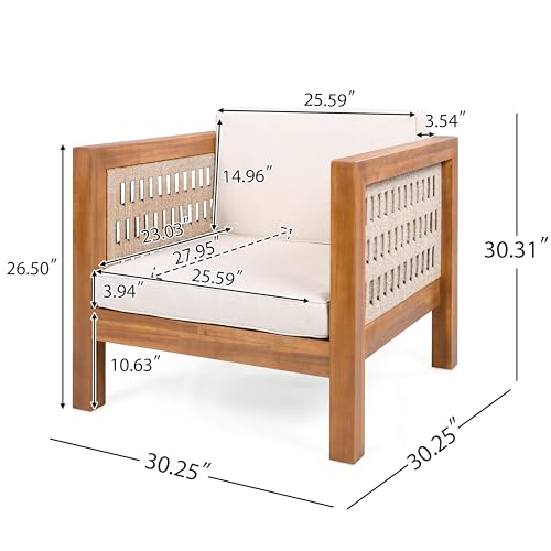 Emme Acacia Wood Lounge Chair Outdoor with Removable Cushion, Wooden Patio Accent Chair with Woven Rope Details, Outdoor Armchair for Patio Furniture Set, Teak+Beige