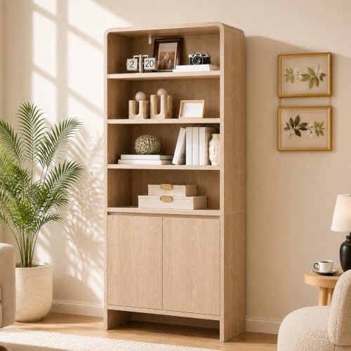 71" Modern Wood Bookcase with Storage Cabinets, Nature Oak, view 2
