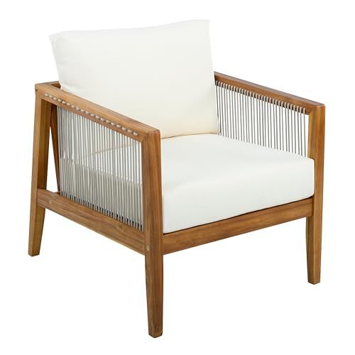 Lalulu Acacia Wood Lounge Chair Outdoor with Removable Cushion, Solid Wood Patio Accent Chair with Woven Rope Accents, Patio Furniture Set Sofa Chair, Beige+Teak