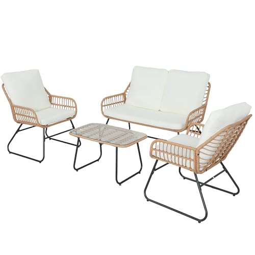 EortheX 4 Pieces Outdoor Patio Furniture Set,Patio Conversation Set,Rattan Wicker Bistro Sets with Loveseat Chairs and Modern Coffee Table for Backyard Deck Balcony and Garden Lounge Spaces - Beige