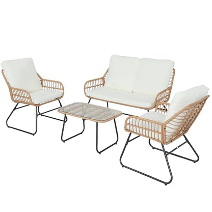EortheX 4 Pieces Outdoor Patio Furniture Set,Patio Conversation Set,Rattan Wicker Bistro Sets with Loveseat Chairs and Modern Coffee Table for Backyard Deck Balcony and Garden Lounge Spaces - Beige