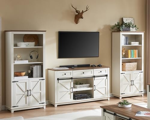 2-Piece 5-Tier Farmhouse Bookcase with Barn Doors, Rustic White, view 3