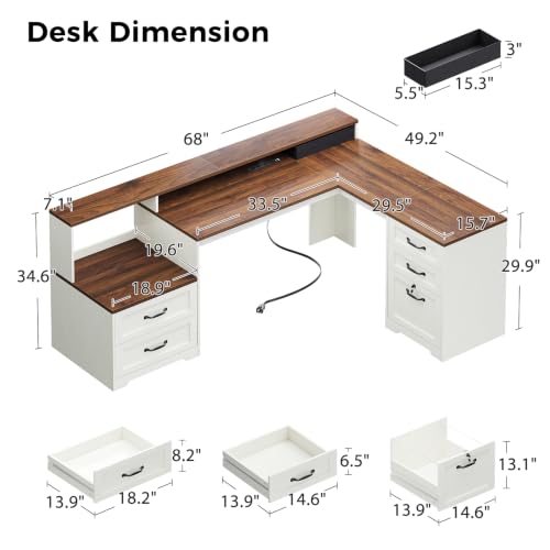 Farmhouse 68 Inch L Shaped Executive Desk with Drawers, Walnut+White, view 3