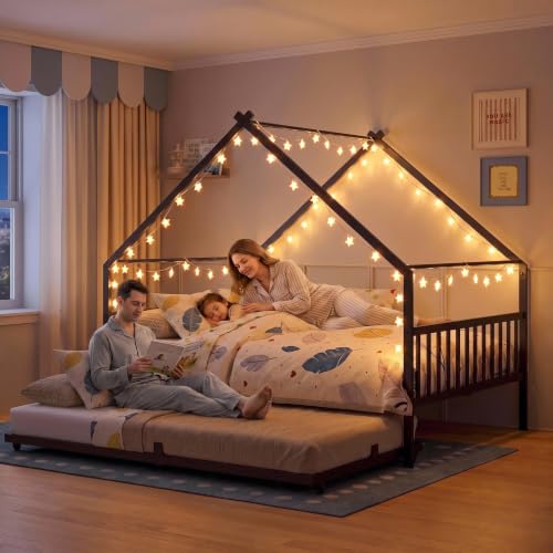 Daybed with Trundle, House Full Bed Frame for Bedroom, Black, view 5