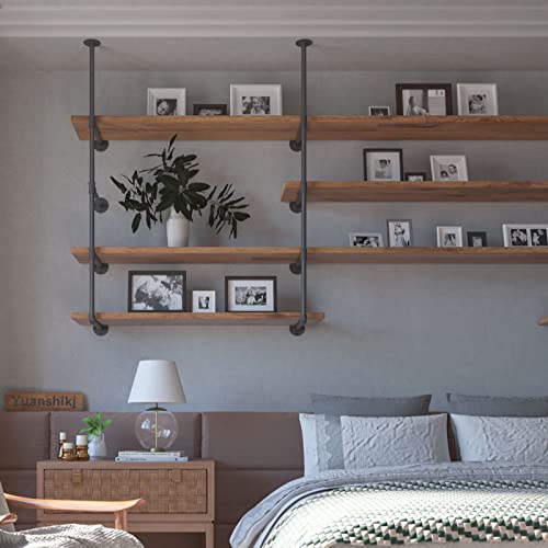 2Pc (56" Tall 12" deep 3/4") Industrial Wall Mount Iron Pipe Shelf Shelves Shelving Bracket Black Bookshelf Bookcase DIY Storage Office Kitchen (4Tier Hardware only)
