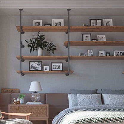 2Pc (56" Tall 12" deep 3/4") Industrial Wall Mount Iron Pipe Shelf Shelves Shelving Bracket Black Bookshelf Bookcase DIY Storage Office Kitchen (4Tier Hardware only)