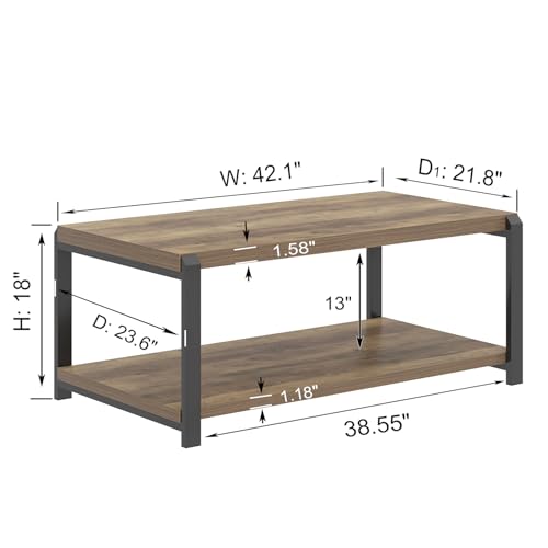 Modern Coffee Table, Rustic Wood and Metal Center Table for Living Room, Industrial Rectangle Cocktail Tea Table with Storage, Oak
