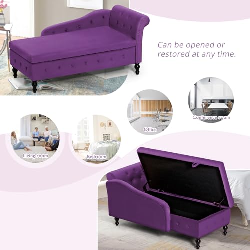 Velvet Chaise Lounge w/Right Armrest & Storage Space, Purpel, view 4