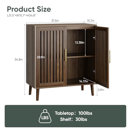 Sideboard Cabinet, 31.5" W Farmhouse Buffet Cabinet with Slatted Doors & Adjustable Shelf, Wood Coffee Bar Storage Station for Kitchen, Dining Room, Living Room, Entryway, Walnut Color