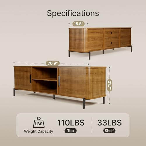 70" Mid-Century Fluted TV Stand with Storage up to 80 Inch, Walnut | Modern Entertainment Center with Sliding Doors & Open Shelves