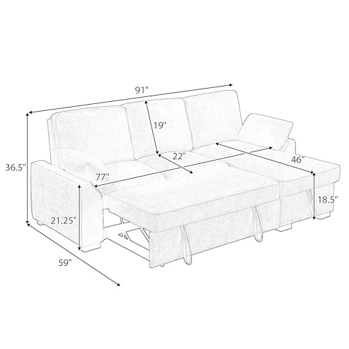 Modern Chenille Sofa Bed with Storage and Charging Ports, view 3
