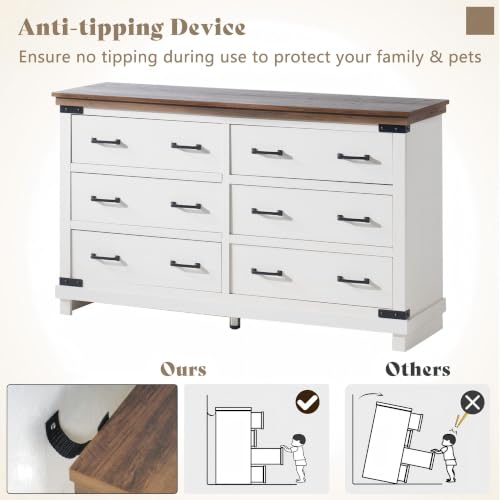 54" W Farmhouse Wood Dresser with 6 Drawers, Antique White, view 7