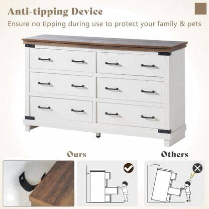 54" W Farmhouse Wood Dresser with 6 Drawers, Antique White, view 7