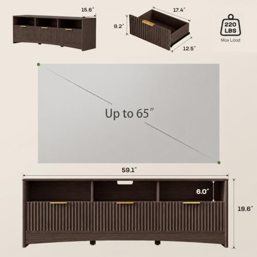 Fluted TV Stand Mid Century Modern TV Stands for 65 inch TV, Walnut, view 4