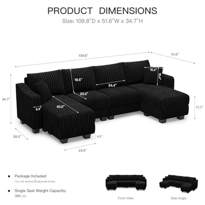 U Shaped Couch with Reversible Chaises Sectional Couches for Living Room Sectional Couch with Ottomans Corduroy (Black, U Shaped)