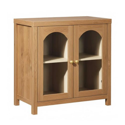 Sasha Modern Arched Glass Cabinet with Brass Hardware, 30 Inch, English Oak