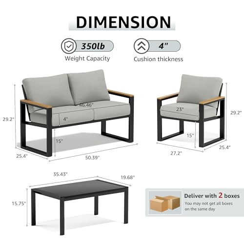4 Pieces Patio Furniture Sets,Outdoor Metal Sectional Furniture Modern Patio Conversation Set,Fauxwood Anti-Scald Armrest,Sling Mesh,Tempered-Glass Table,4" Olefin Cushions