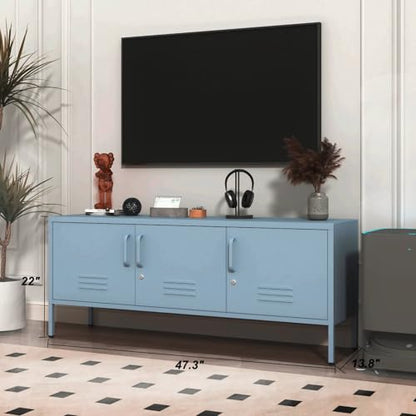 Blue Industrial Metal TV Stand with Lockable Storage Cabinet, view 3