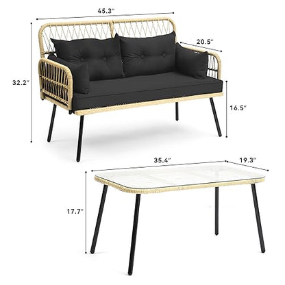 2-Piece Patio Furniture Wicker Outdoor Loveseat, All-Weather Rattan Conversation for Backyard, Balcony and Deck with Soft Cushions and SideTable (Light Brown+Black)