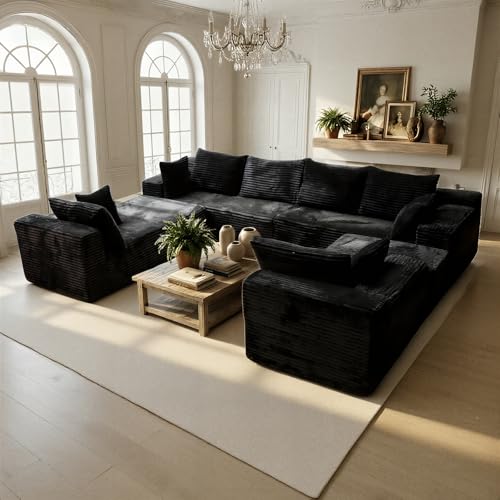 139'' U Shaped Sectional Couches for Living Room, 8 Seater Faux Fur Modular Boneless Cloud Sofa with Chaise Lounges, 4-in-1 Flexible Combination Deep Seat Corner Large Couch,No Assembly Black
