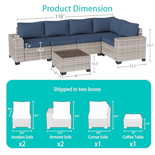 6-Piece Outdoor Patio Furniture Set Wicker Rattan Sectional Sofa Set, Patio Conversation Set with Thickened Cushions & Coffee Table for Garden, Backyard, Navy Blue