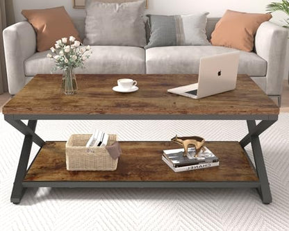 Wood Coffee Table with Storage, Farmhouse Rustic Brown Coffee Table for Living Room, Modern Minimalist 2 Tier Center Table, Simple Rectangle Cocktail Tea Table in Home Office Bedroom, 39 Inch
