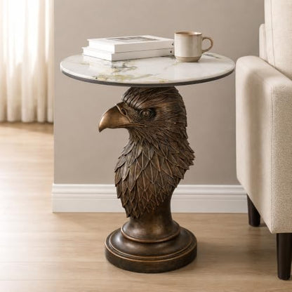 Eagle Head Accent Side Table - End Table with Faux Marble Top Unique Eagle Statue Decor for Living Room Bedroom Entryway Elegant Animal Sculpture Modern Classical Decoration, Bronze