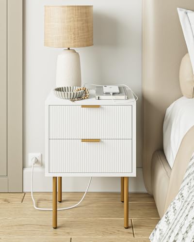 Nightstand with Charging Station,Morden Bedside Table with Gold Frame,Small White Night Stand,End Table,Bedside Furniture,Side Table with Drawer and Shelf for Bedroom,Living Room