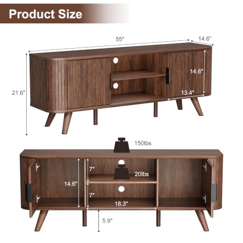 55'' TV Stand for 60 Inch TV, Fluted Entertainment Center,Walnut, view 3
