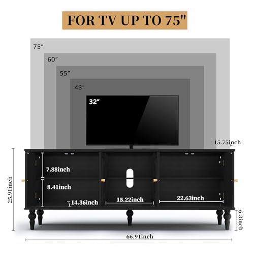 67" Mid Century Modern TV Stand with Window Design, Black, view 3