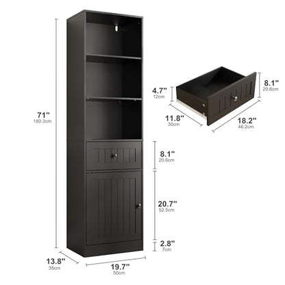 Farmhouse 71" Tall Bookshelf with Drawer, Narrow Bookcase with Adjustable Left/Right Door, Adjustable Shelf, Freestanding Display Book Shelf for Bedroom,Living Room, Office, Black