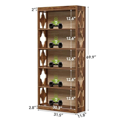 69.9" Vintage Bookshelf, 5-Tier Tall Bookshelves, Cutout Design Vertical Bookcase, Freestanding Storage Display Shelf for Living Room, Bedroom, Study, Office, 1 Pack