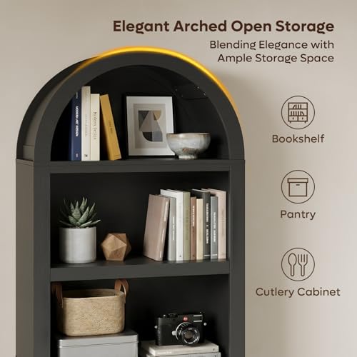 76" Tall Arched Bookshelf with Adjustable 2 Book Shelves, Black Oak, view 4