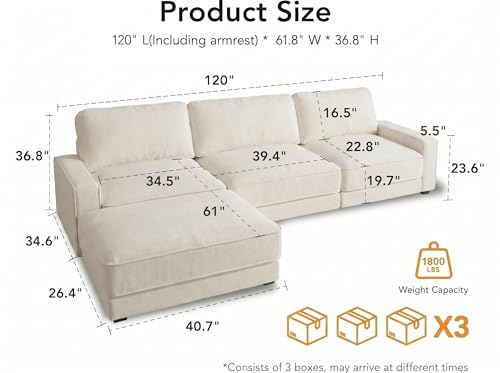 120" Oversized Modular Sectional Sofa, L Shaped Couch Set with 2 Pillows, view 3