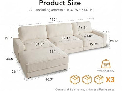 120" Oversized Modular Sectional Sofa, L Shaped Couch Set with 2 Pillows, view 3