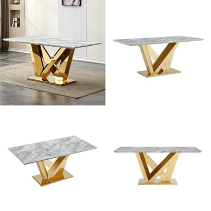 Marble Dining Table for 6 People, 70'' Rectangle Faux Marble Dining Table with Mirrored Stainless Steel Base, Large Size Marble Kitchen Table (Gold,Gray)(ONLY Table)