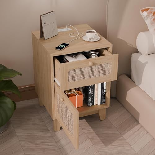 Rattan Nightstands Set of 2 with Charging Station, Wood Night Stands with Drawer and Cabinet, Boho Bedside Tables with USB & Type-C, Side End Tables for Bedroom