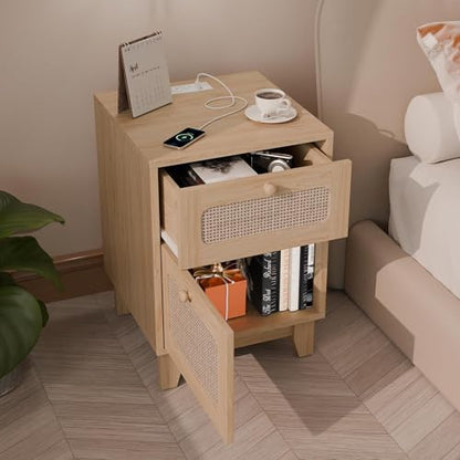 Rattan Nightstands Set of 2 with Charging Station, Wood Night Stands with Drawer and Cabinet, Boho Bedside Tables with USB & Type-C, Side End Tables for Bedroom