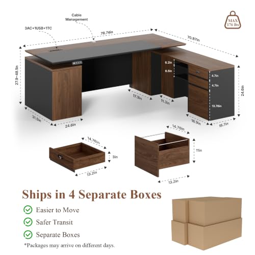 78.74" L-Shaped Electric Executive Desk with Filing Cabinet,Walnut/Black, view 3