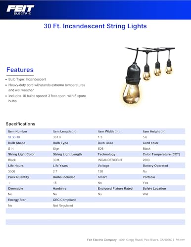 30ft Outdoor Incandescent String Lights, Warm Amber Glow, Heavy-Duty Weatherproof Cord, Includes 10 Clear Bulbs + 5 Spares, End-to-End Connectable for Patios and Gazebos, SL30-10