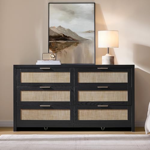 Rattan Dresser for Bedroom, 57" Wide 6 Drawer Dresser with Ample Storage, Wooden Dressers Large Chest of Drawers, Closet, Boho TV Stand for Bedroom (Black Oak, 1 Piece)