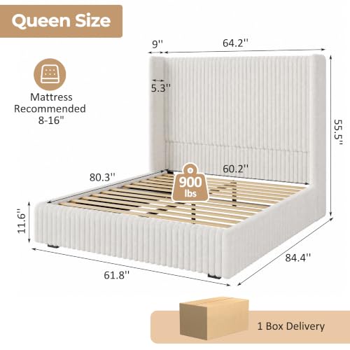 Queen Size 55" Tall Upholstered Bed Frame with Wingback Headboard, view 3