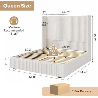 Queen Size 55" Tall Upholstered Bed Frame with Wingback Headboard, view 3